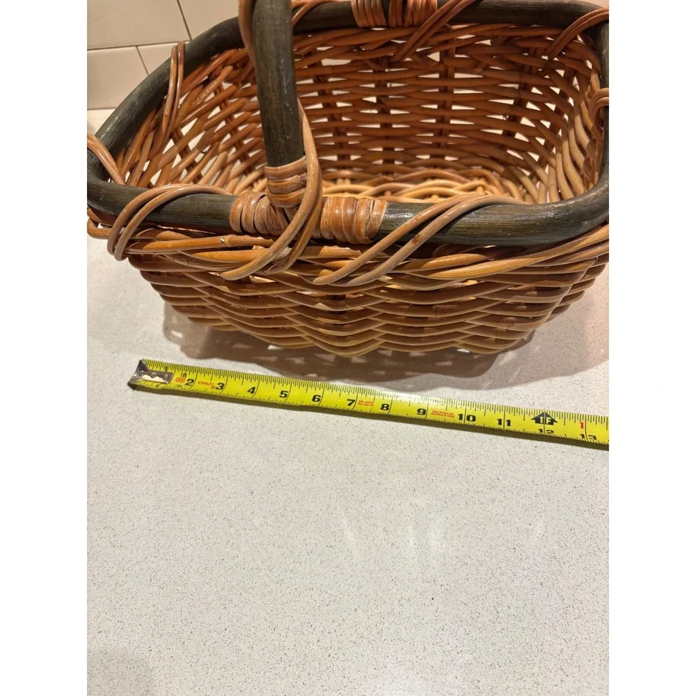 Vintage Woven Wicker Picnic Basket Two-Tone Green Handle Rectangular Farmhouse